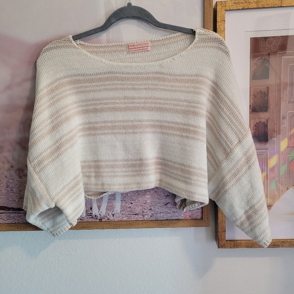 Urban Outfitters Cream and Beige Striped Cropped Knit Sweater